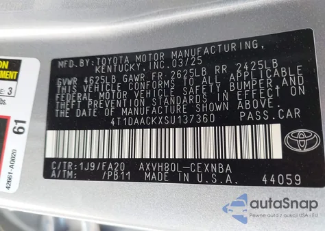 2025 Toyota Camry Le from USA, damaged, VIN 4T1DAACKXSU137360